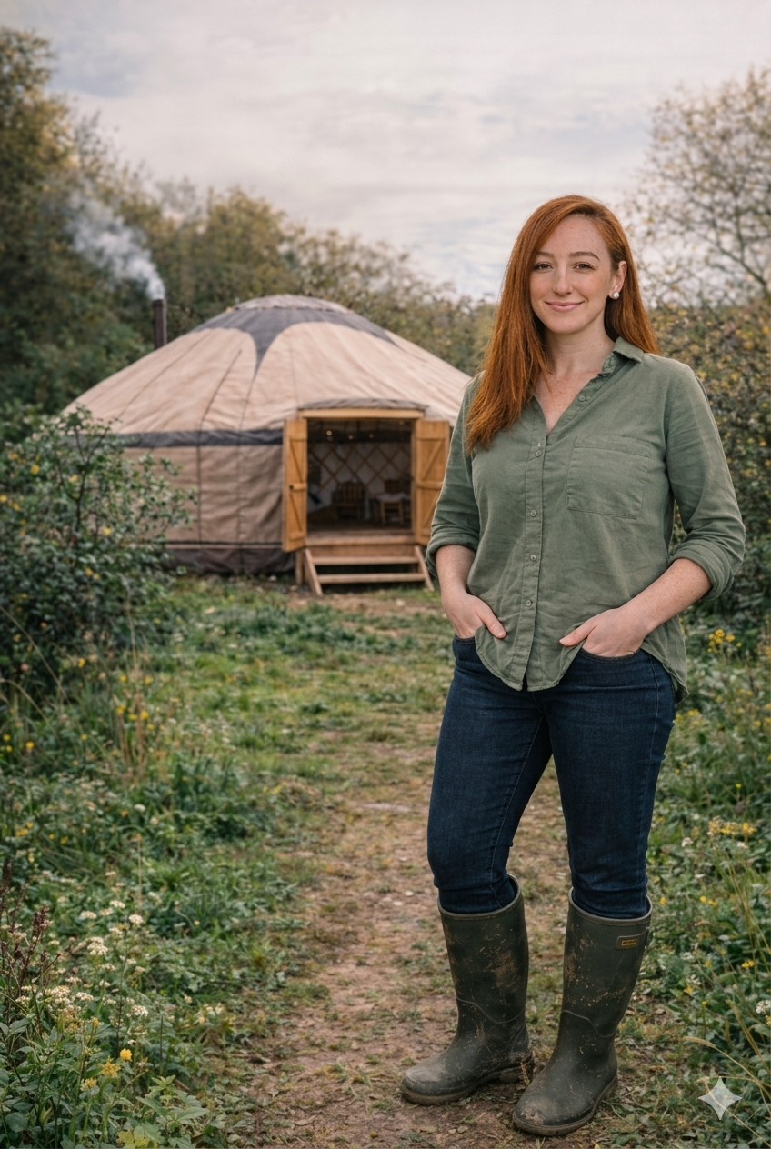 Marie standing outside the yurt on farmland